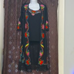 ❤️2 PC VINTAGE COLLECTION Embroidered Embellished Sleeveless Duster & Top S M